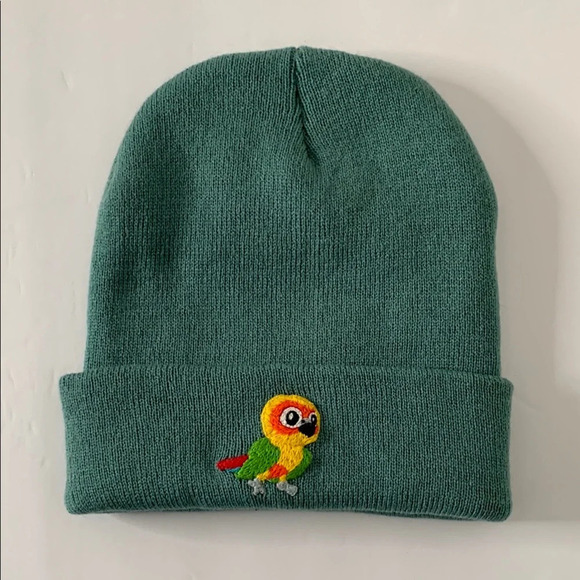 Artisan Accessories - NWOT Broner Aqua Green Beanie with Hand Embroidered Parrot Appliqué Bird